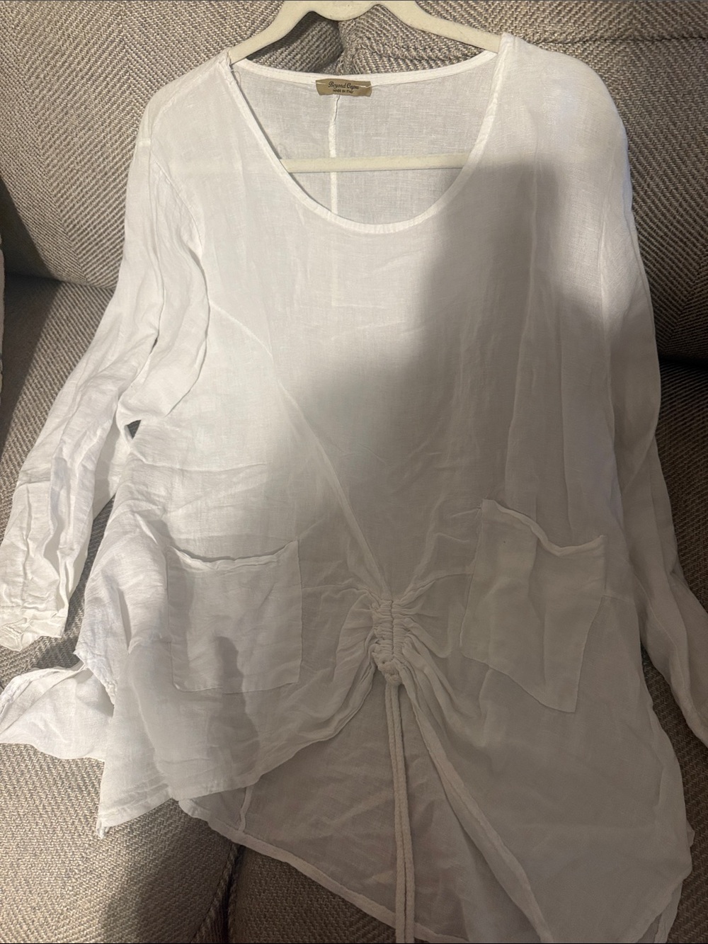 White Linen Drawstring Front Tunic Top - Women